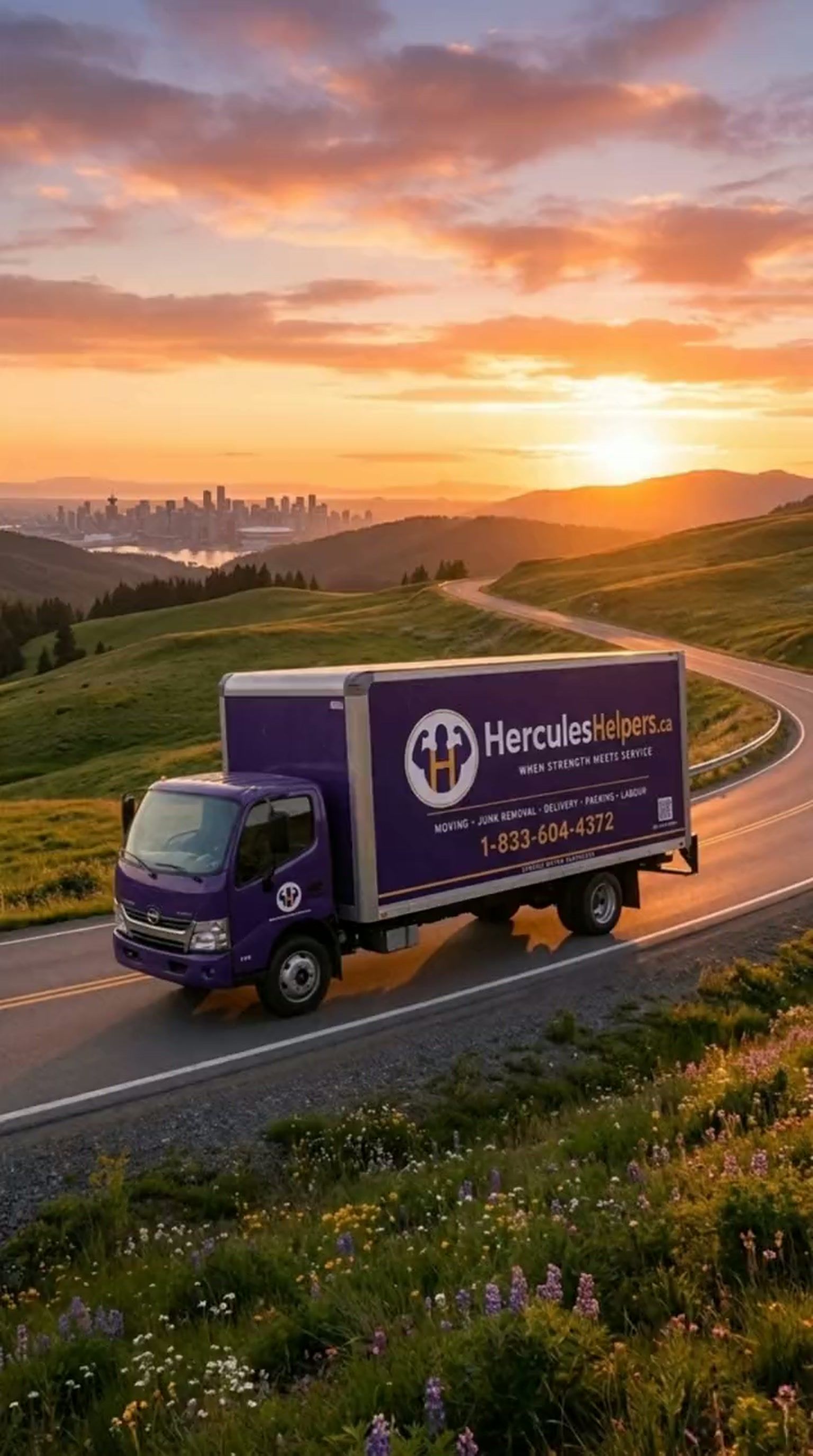 Hercules Helpers branded moving truck driving through Metro Vancouver